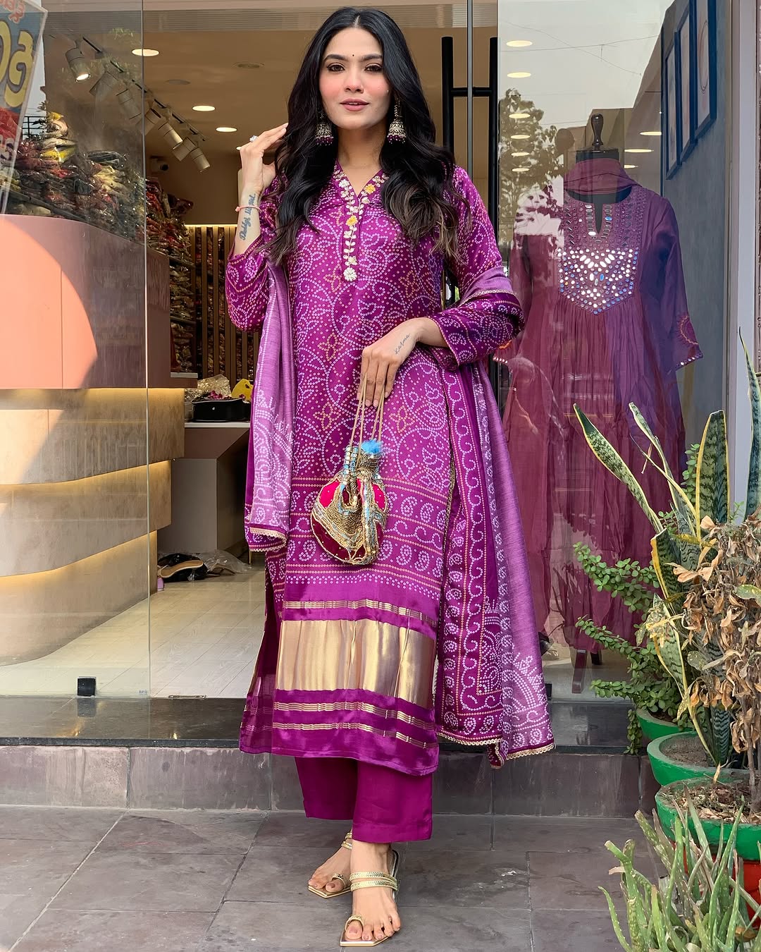 Purple Bandhej Lagdi Patta Dress