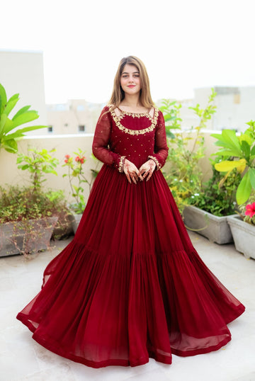 SOLID MAROON LONG FLAIR HAND EMBELLISHED ANARKALI SET