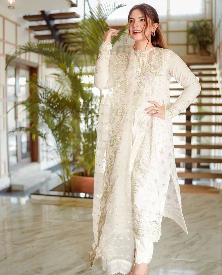 White Three Piece Stitched Lawn Chikankari Suit