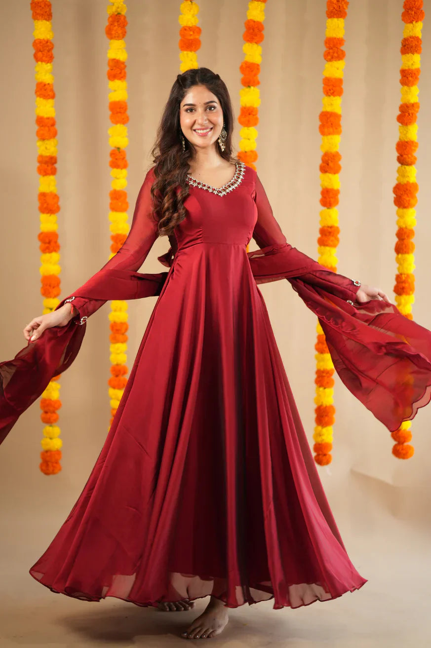 Srija- jewel neck embroidery Anarkali