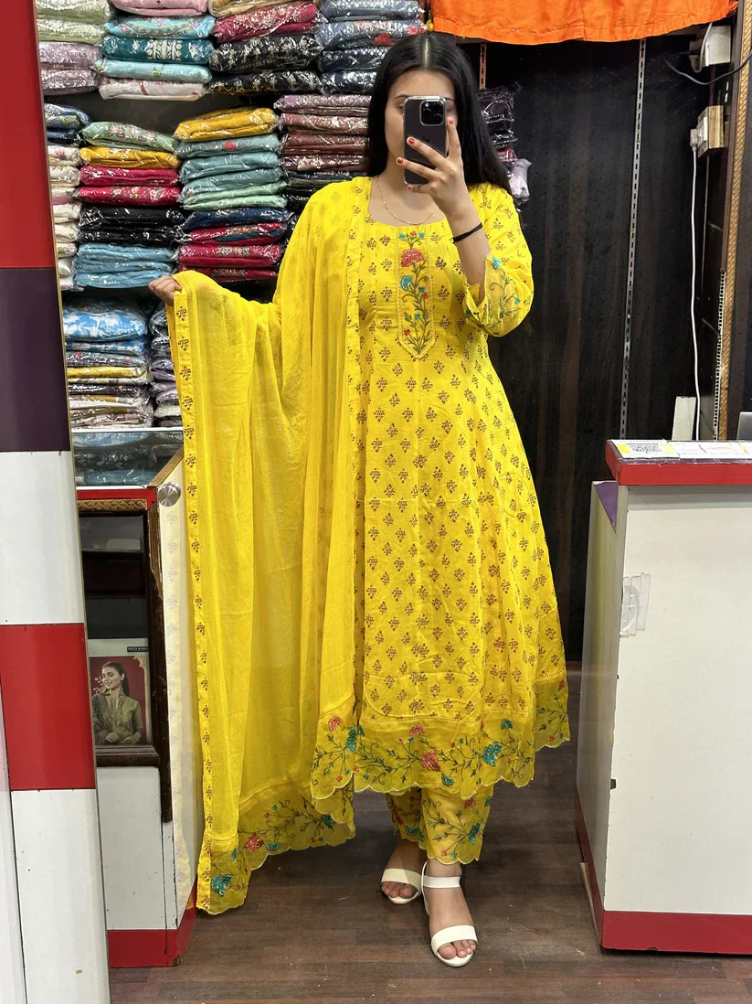 Yellow Printed Pure Cotton Embraided Anarkali Suit Set