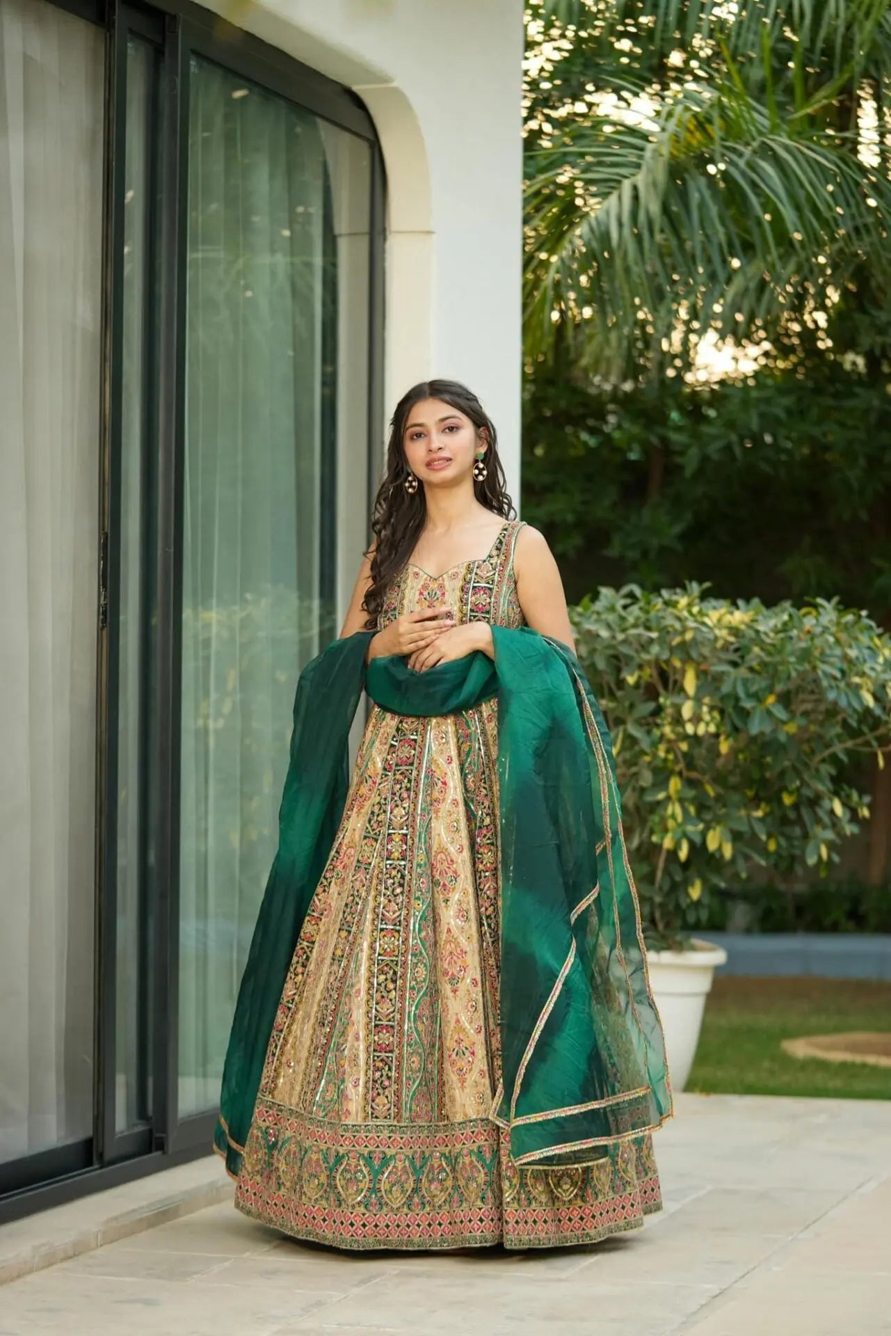 Triveni green heavy embroidered maxi