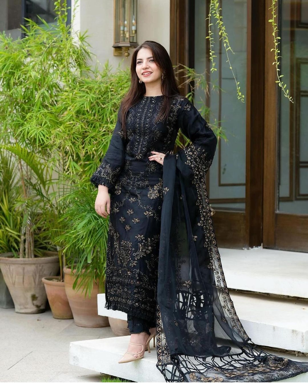 Black Three Piece Stitched Lawn Chikankari Suit