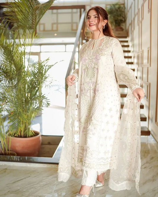 White Three Piece Stitched Lawn Chikankari Suit