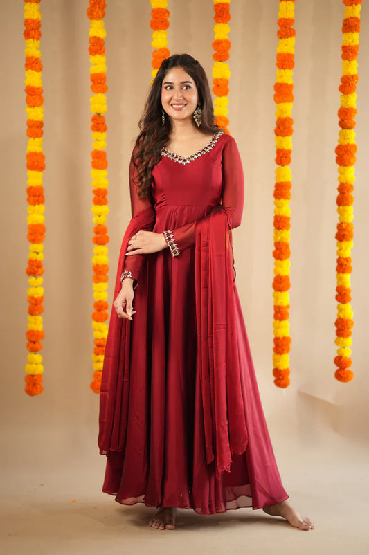 Srija- jewel neck embroidery Anarkali