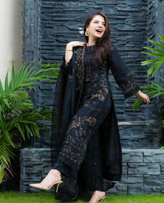 Black Three Piece Stitched Lawn Chikankari Suit