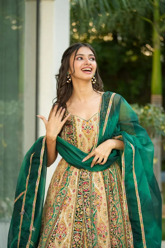 Triveni green heavy embroidered maxi