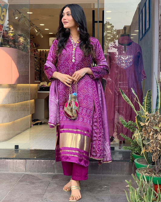 Purple Bandhej Lagdi Patta Dress