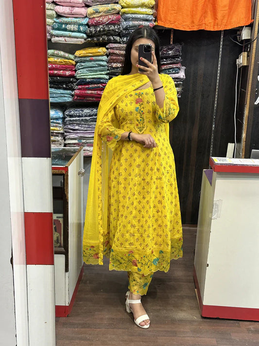 Yellow Printed Pure Cotton Embraided Anarkali Suit Set