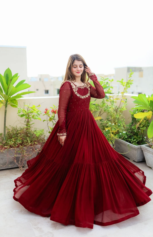 SOLID MAROON LONG FLAIR HAND EMBELLISHED ANARKALI SET